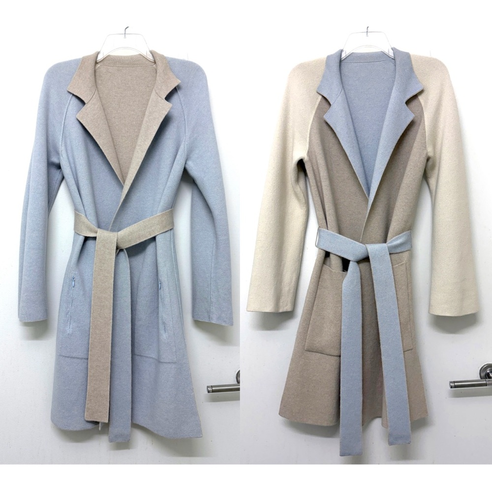 Akris Ice Blue Sand Beige Cream Colorblock Cashmere Sweater Wrap Coat Belted 6